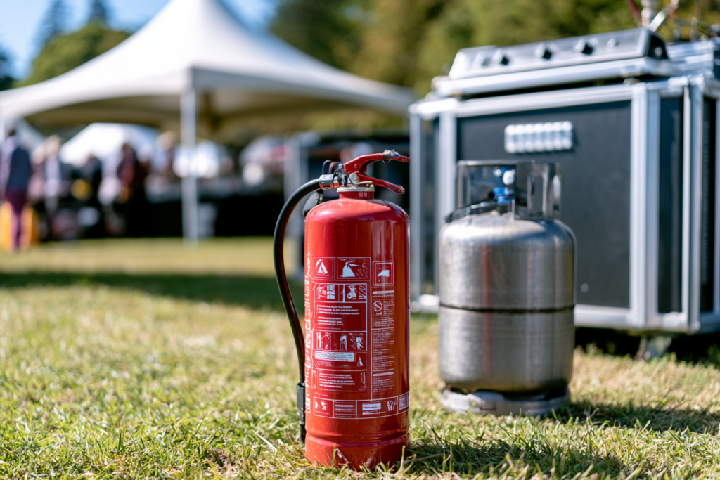 Profesjonalny zestaw BHP na evencie plenerowym: butla z gazem obok gastronomicznego grilla oraz czerwona gaśnica proszkowa