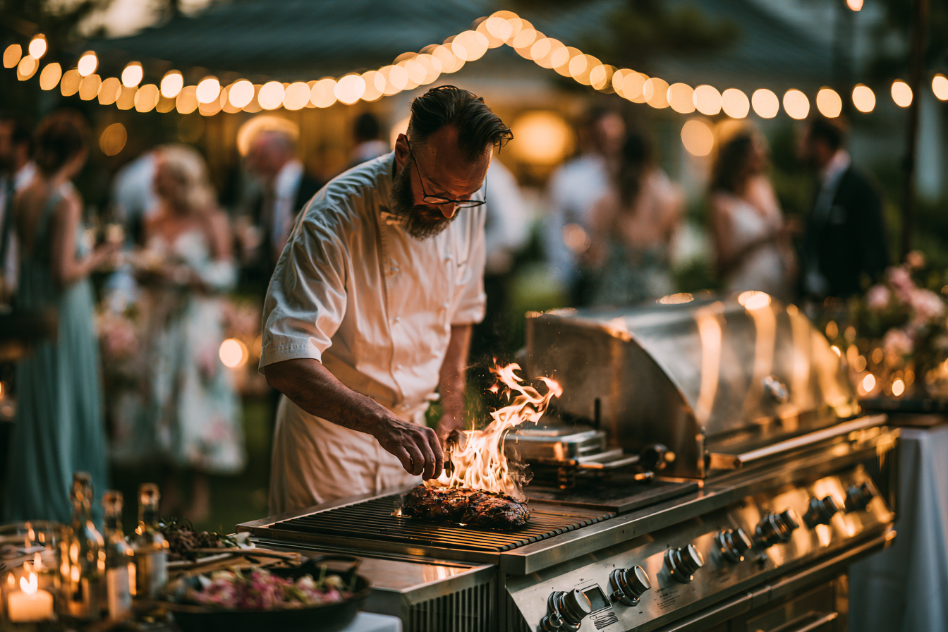 Profesjonalny, lśniący grill gazowy ze stali nierdzewnej na stanowisku kulinarnym live cooking podczas eleganckiego przyjęcia plenerowego w ogrodzie