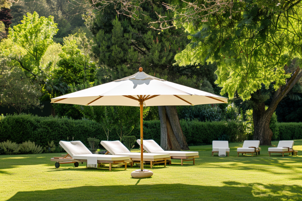 Duży beżowy wolnostojący parasol do wynajęcia na ciężkiej podstawie stojący na trawniku podczas eleganckiego wesela w ogrodzie