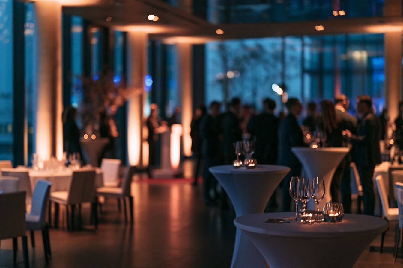 Event promocyjny w Warszawie ze stołami koktajlowymi i gośćmi