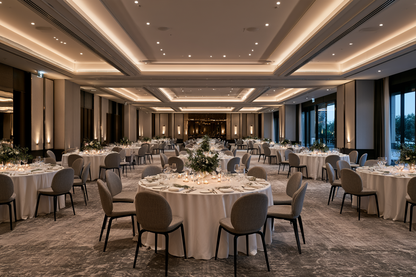 Meble eventowe na bankiecie: eleganckie krzesła i okrągłe stoły ustawione w jasnej sali