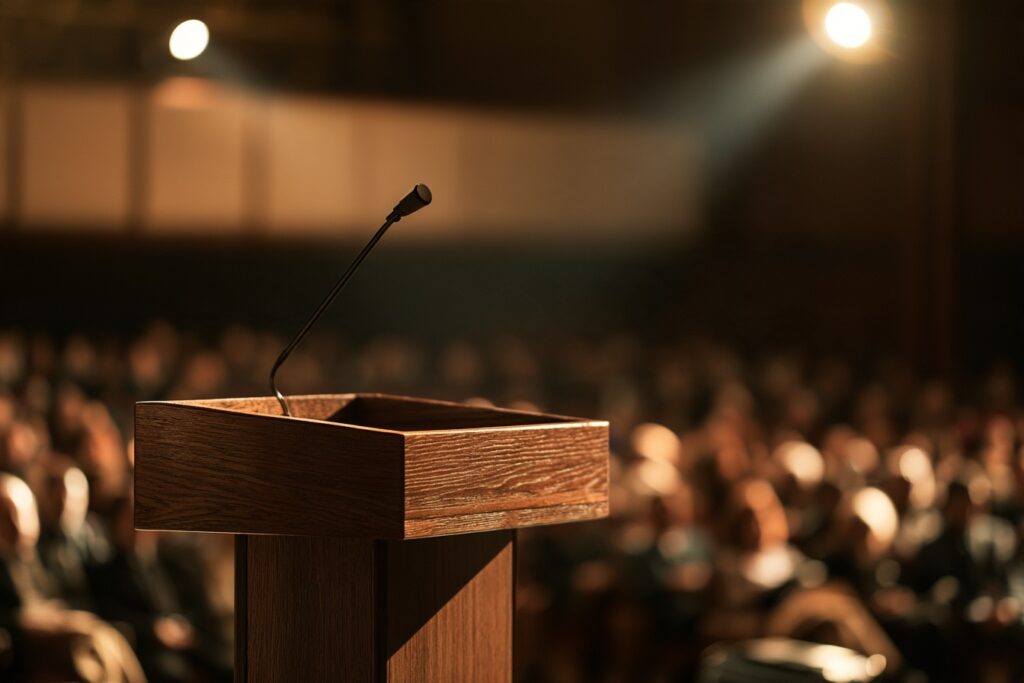Wynajem mównicy na scenie podczas konferencji w Warszawie